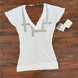 Threads 4 Thought White V-Neck Tee with Silver Accents